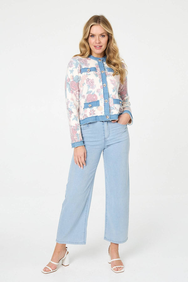 White | Floral Denim Trim Button Detail Jacket