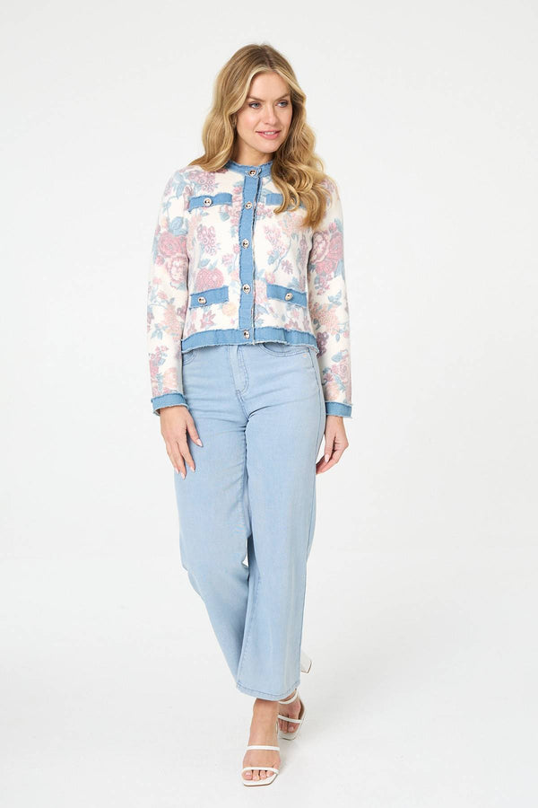 White | Floral Denim Trim Button Detail Jacket