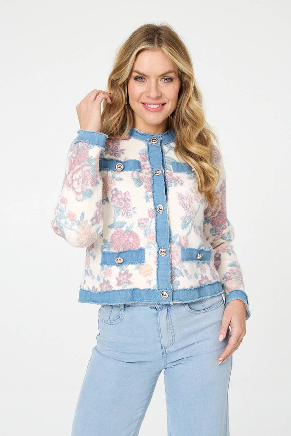 White | Floral Denim Trim Button Detail Jacket