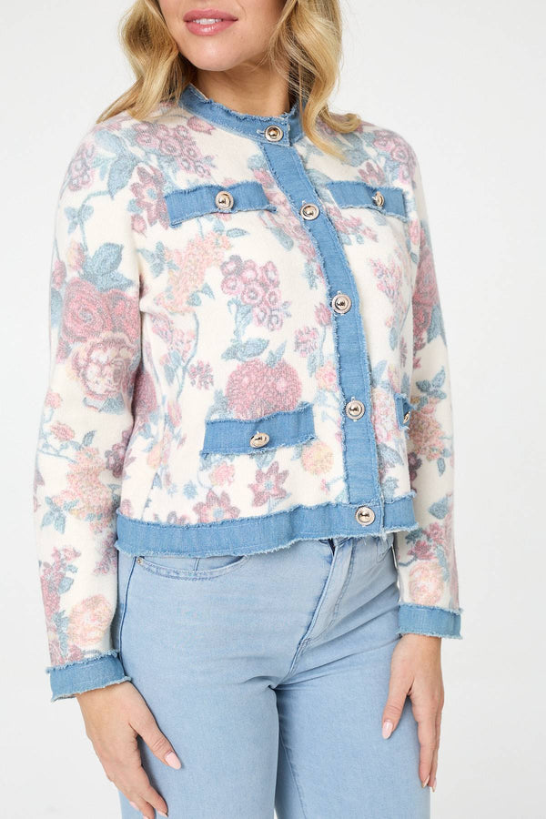 White | Floral Denim Trim Button Detail Jacket