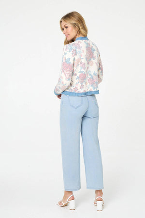 White | Floral Denim Trim Button Detail Jacket