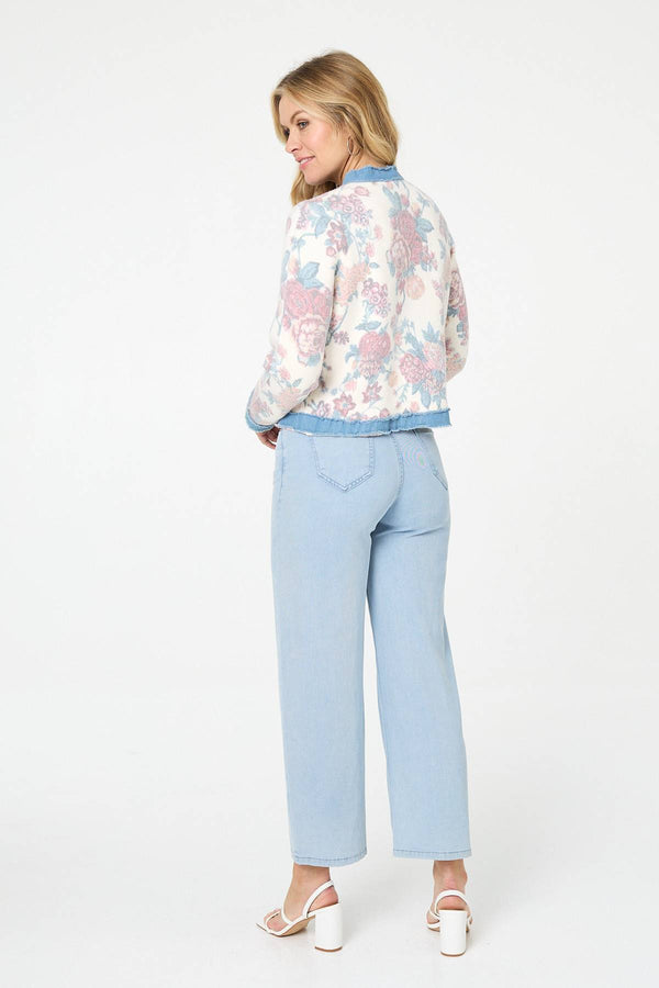 White | Floral Denim Trim Button Detail Jacket