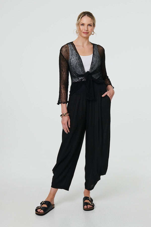 Black | Sheer 3/4 Sleeve Open Front Cardigan
