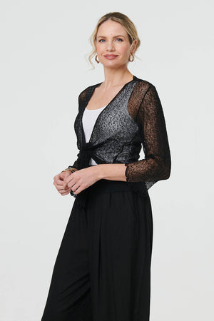 Black | Sheer 3/4 Sleeve Open Front Cardigan ; Model is 5'10