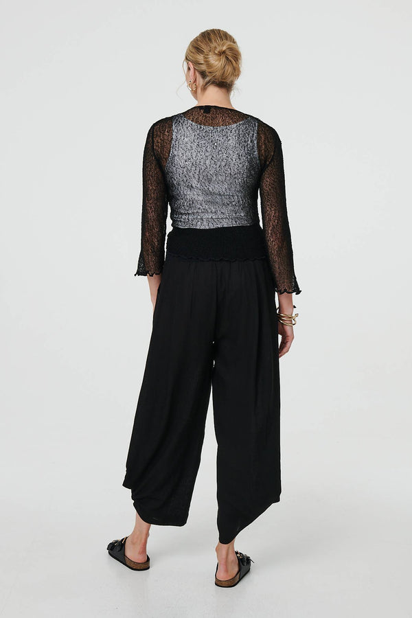 Black | Sheer 3/4 Sleeve Open Front Cardigan
