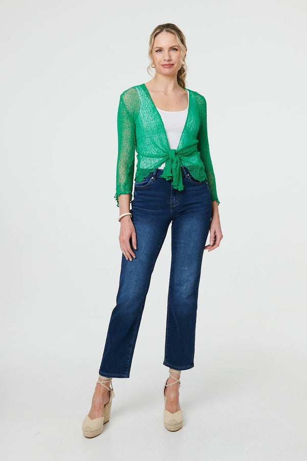 Green | Sheer 3/4 Sleeve Open Front Cardigan
