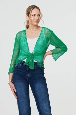 Green | Sheer 3/4 Sleeve Open Front Cardigan : Model is 5'10