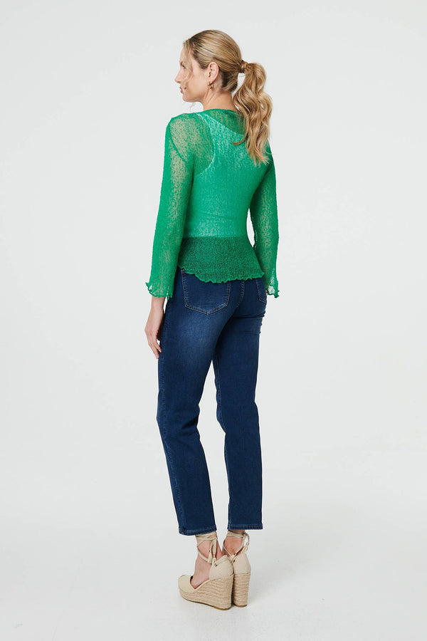 Green | Sheer 3/4 Sleeve Open Front Cardigan
