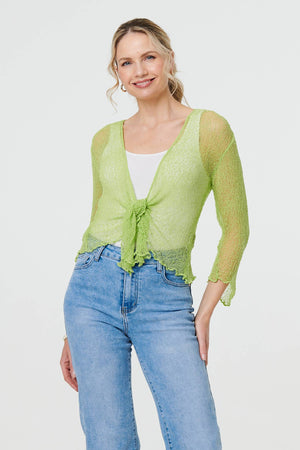 Light Green | Sheer 3/4 Sleeve Open Front Cardigan : Model is 5'10