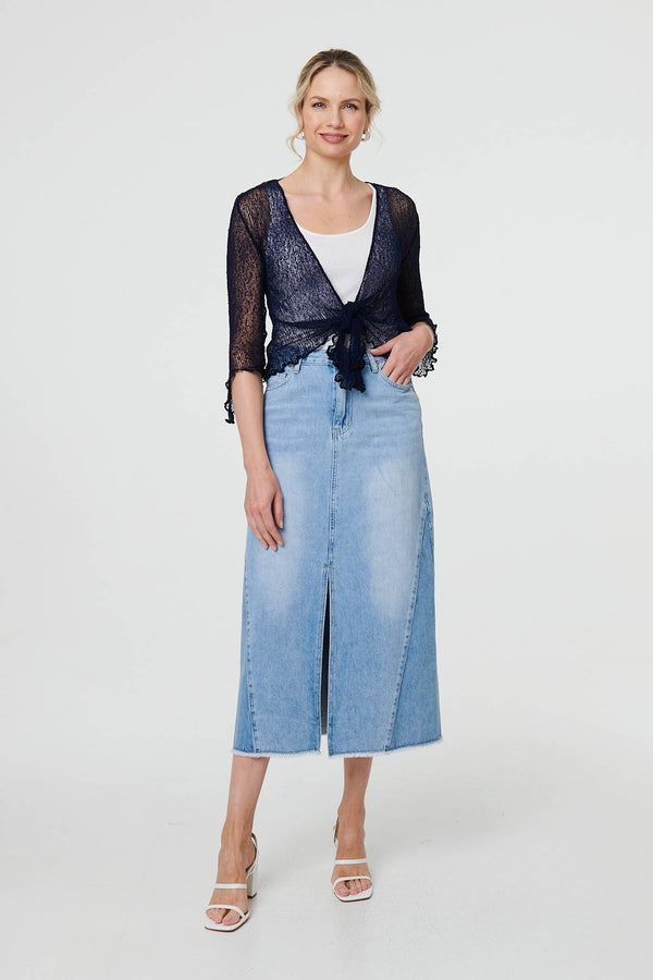Navy | Sheer 3/4 Sleeve Open Front Cardigan
