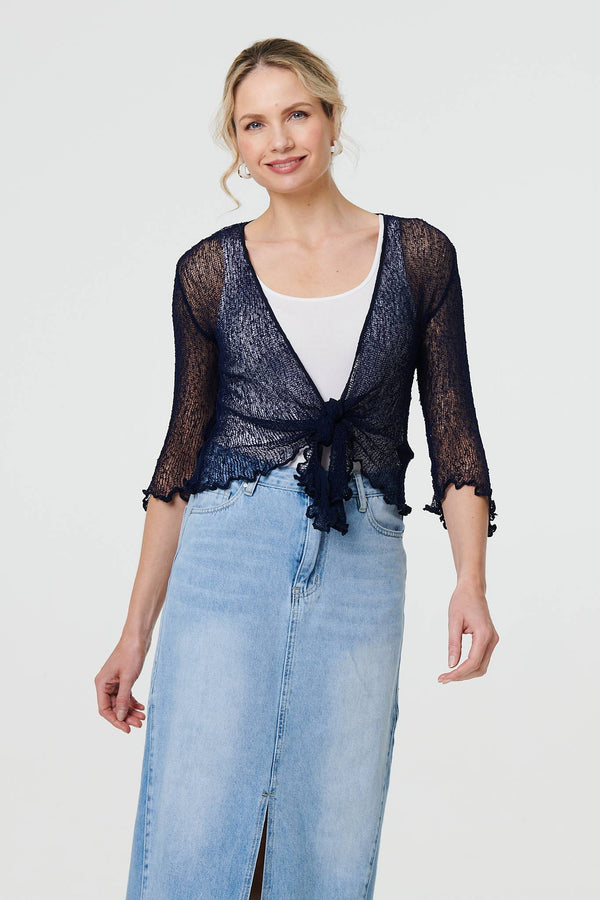 Navy | Sheer 3/4 Sleeve Open Front Cardigan
