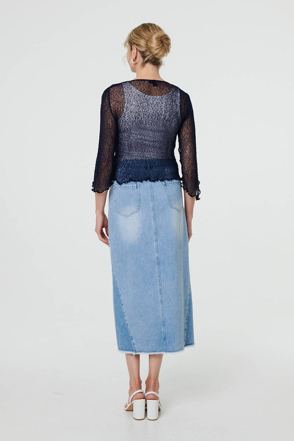 Navy | Sheer 3/4 Sleeve Open Front Cardigan
