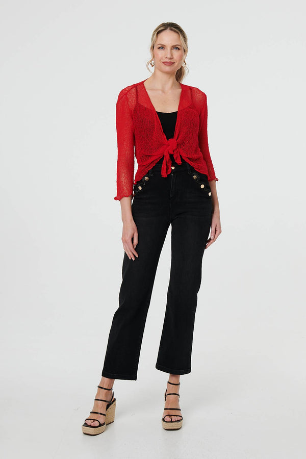 Red | Sheer 3/4 Sleeve Open Front Cardigan
