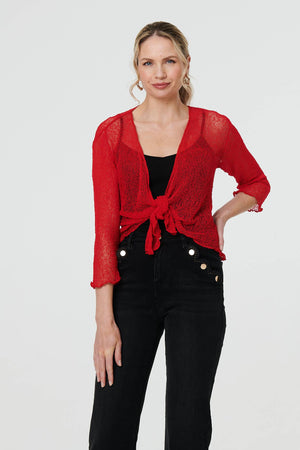 Red | Sheer 3/4 Sleeve Open Front Cardigan : Model is 5'10