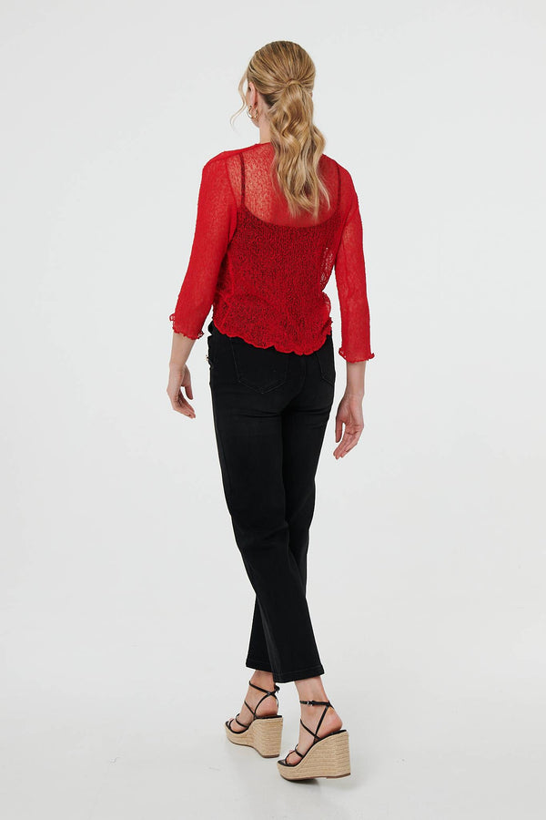 Red | Sheer 3/4 Sleeve Open Front Cardigan
