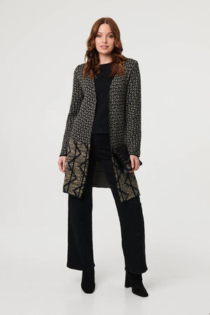 Navy | Geo Print Longline Open Front Jacket
