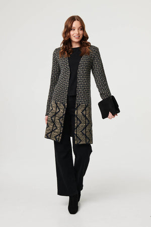 Navy | Geo Print Longline Open Front Jacket
