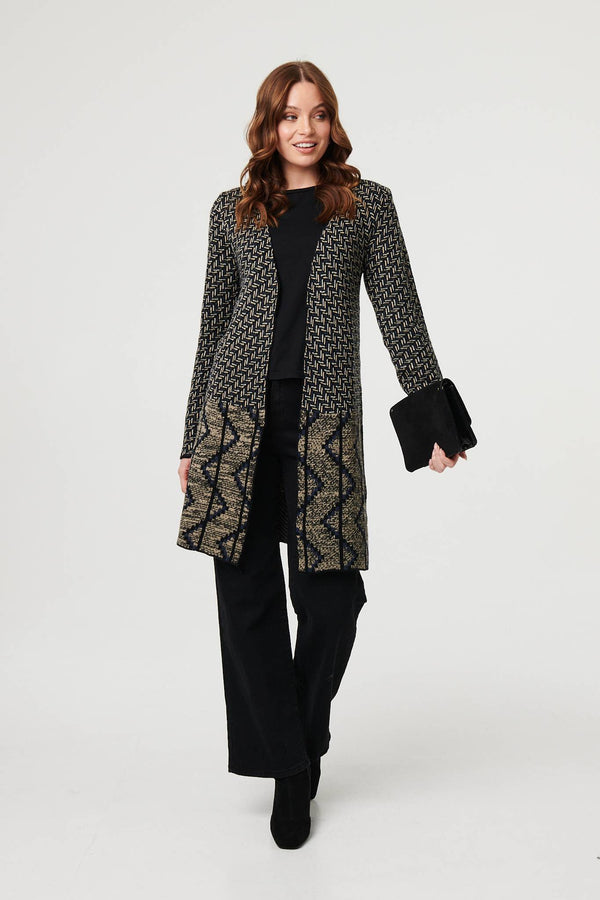 Navy | Geo Print Longline Open Front Jacket
