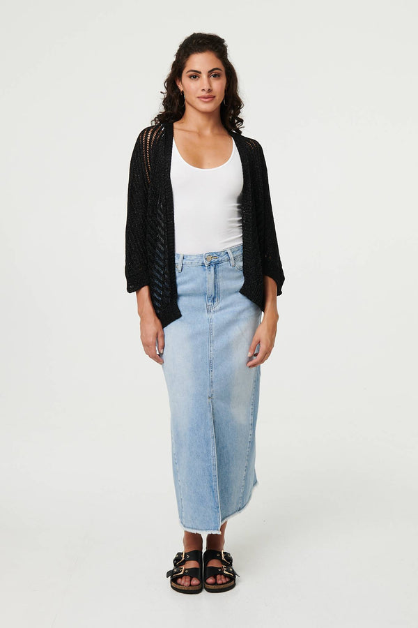 Black | Sheer Mesh Texture 3/4 Sleeve Cardigan
