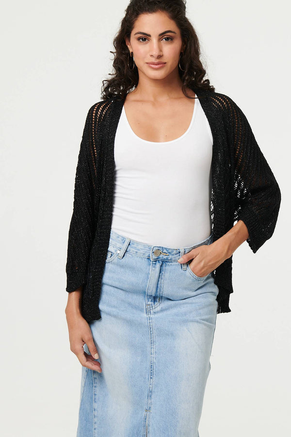 Black | Sheer Mesh Texture 3/4 Sleeve Cardigan
