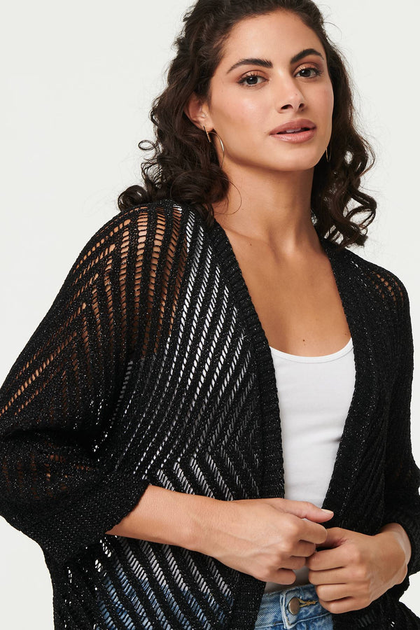Black | Sheer Mesh Texture 3/4 Sleeve Cardigan
