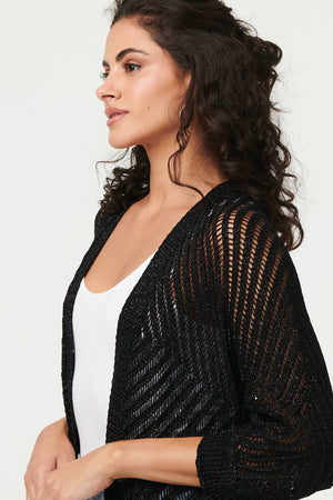 Black | Sheer Mesh Texture 3/4 Sleeve Cardigan
