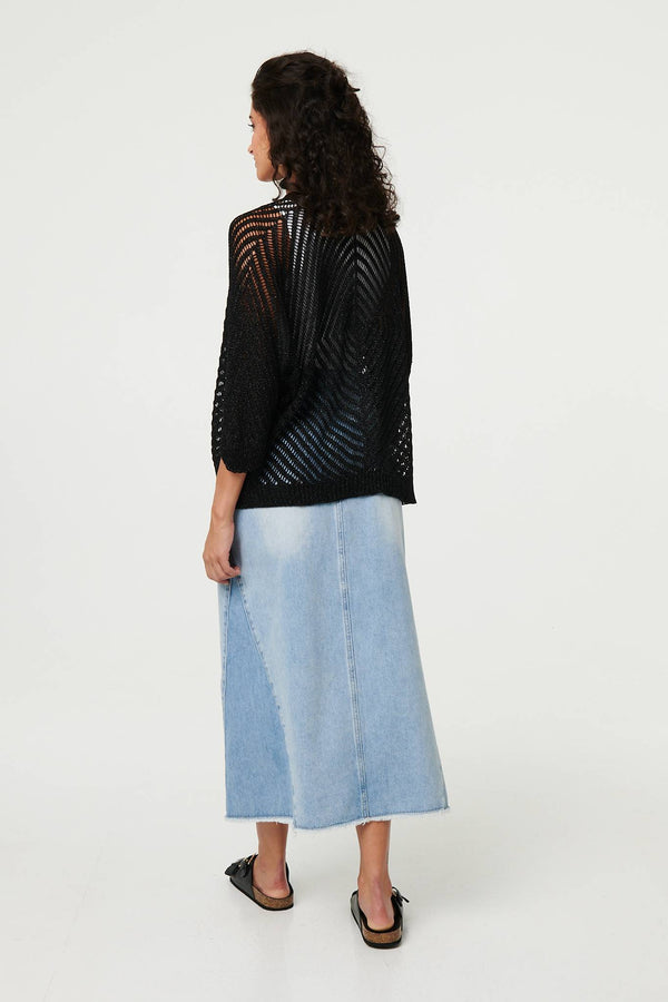 Black | Sheer Mesh Texture 3/4 Sleeve Cardigan
