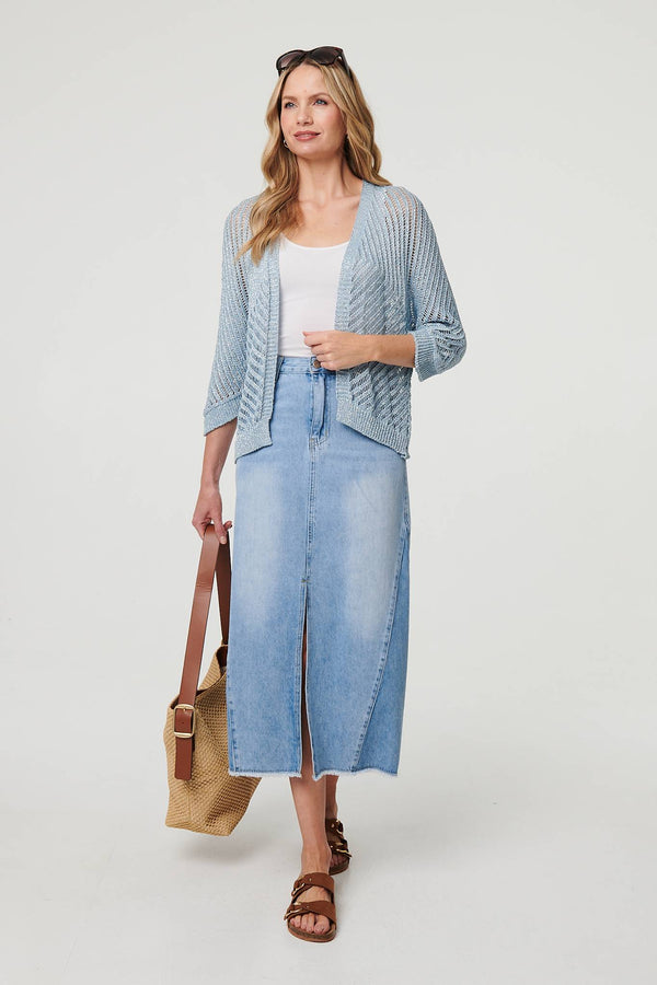 Blue | Sheer Mesh Texture 3/4 Sleeve Cardigan
