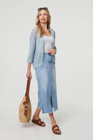 Blue | Sheer Mesh Texture 3/4 Sleeve Cardigan
