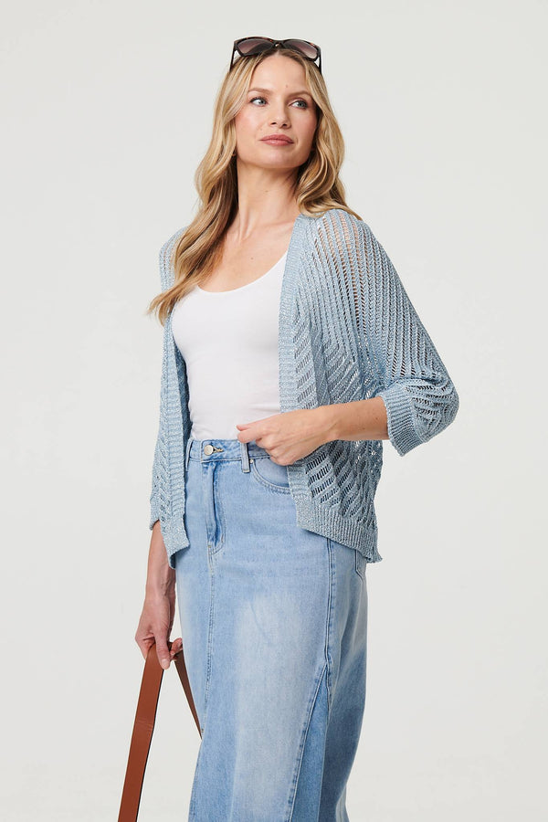 Blue | Sheer Mesh Texture 3/4 Sleeve Cardigan
