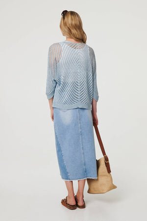 Blue | Sheer Mesh Texture 3/4 Sleeve Cardigan
