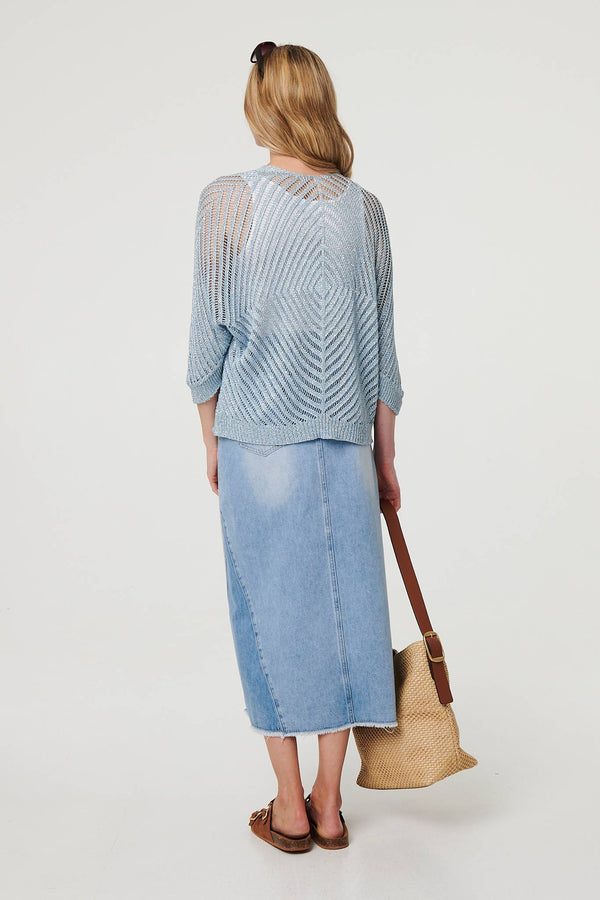 Blue | Sheer Mesh Texture 3/4 Sleeve Cardigan
