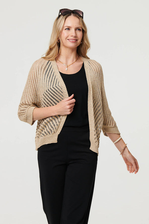 Gold | Sheer Mesh Texture 3/4 Sleeve Cardigan

