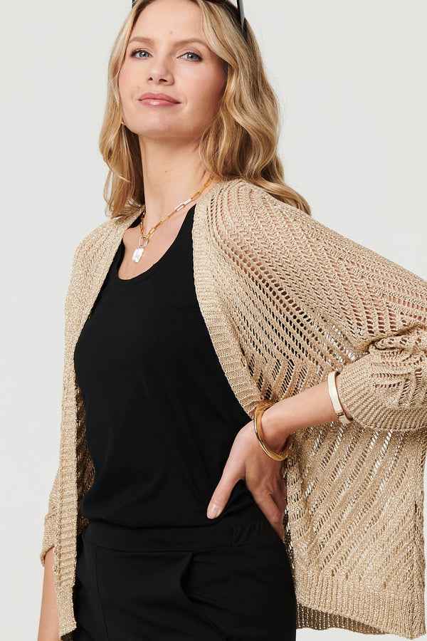Gold | Sheer Mesh Texture 3/4 Sleeve Cardigan
