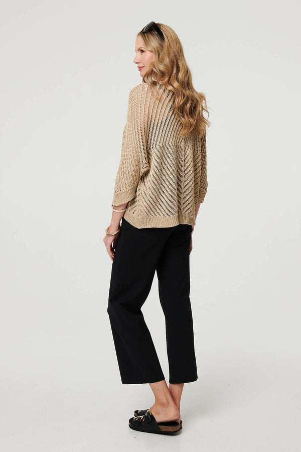 Gold | Sheer Mesh Texture 3/4 Sleeve Cardigan
