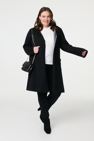 Black | Curve Relaxed Hooded Longline Cardigan : Model is 5'8