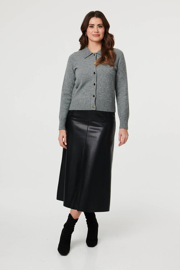 Grey | Textured Button Front Collared Cardigan
