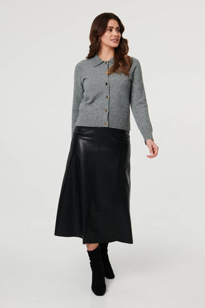 Grey | Textured Button Front Collared Cardigan
