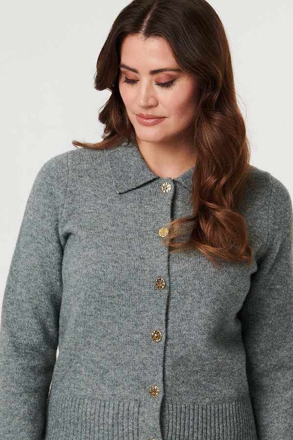 Grey | Textured Button Front Collared Cardigan