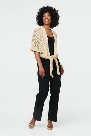 Gold | Crochet Texture Tie Front Cardigan