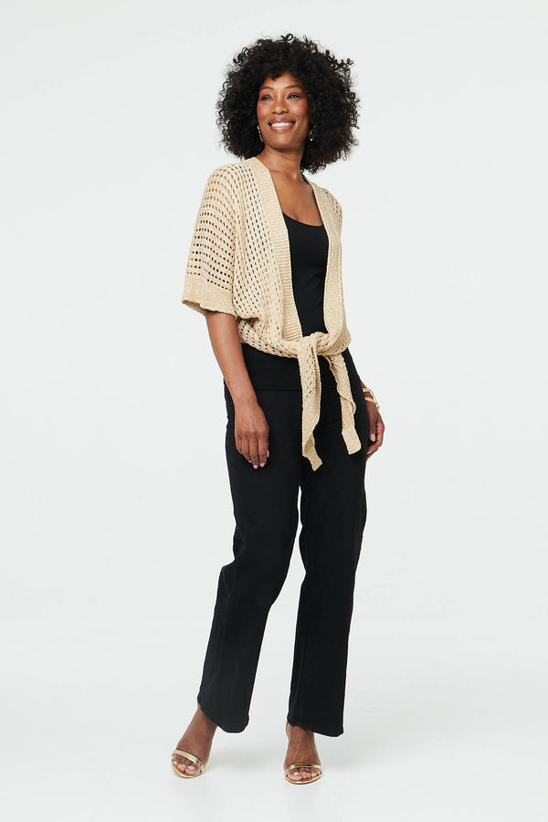 Gold | Crochet Texture Tie Front Cardigan