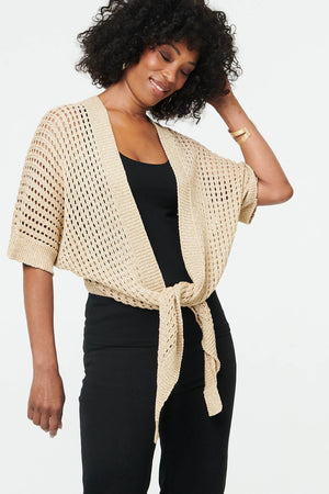 Gold | Crochet Texture Tie Front Cardigan