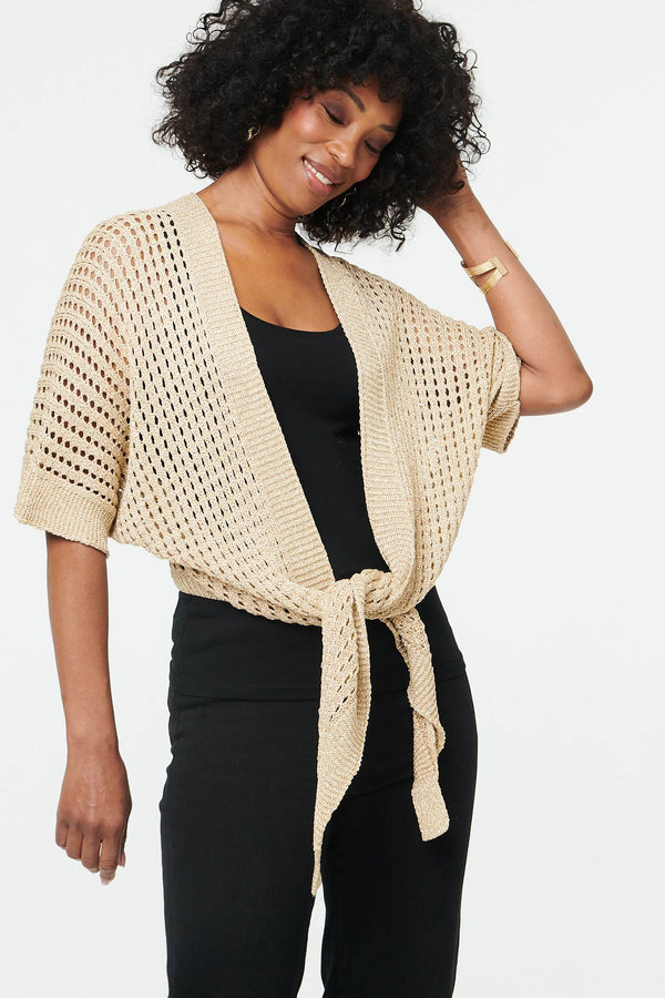 Gold | Crochet Texture Tie Front Cardigan