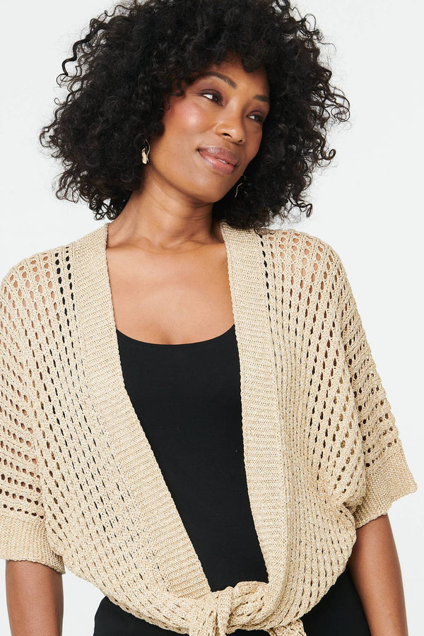 Gold | Crochet Texture Tie Front Cardigan