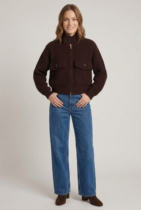 Brown | Knit Textured High Neck Zip-Up Jacket