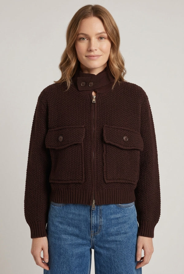 Brown | Knit Textured High Neck Zip-Up Jacket