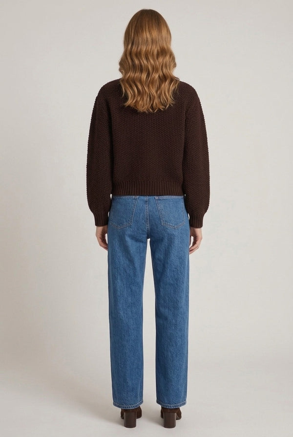 Brown | Knit Textured High Neck Zip-Up Jacket