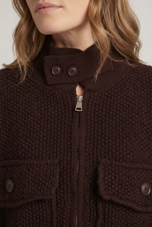 Brown | Knit Textured High Neck Zip-Up Jacket