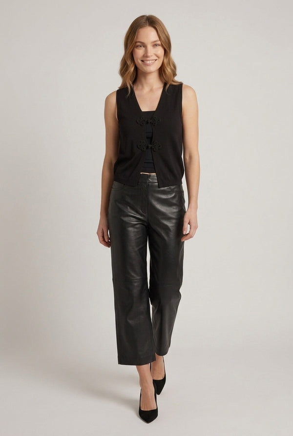 Black | Mandarin Button V-Neck Sleeveless Top