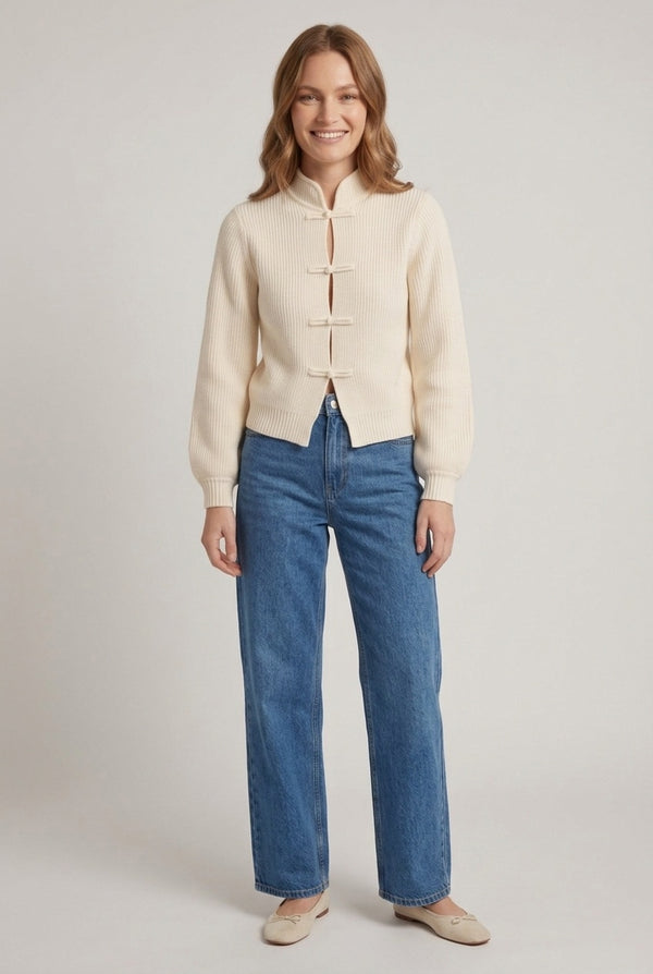 Cream | Striped Texture Mandarin Button Cardigan